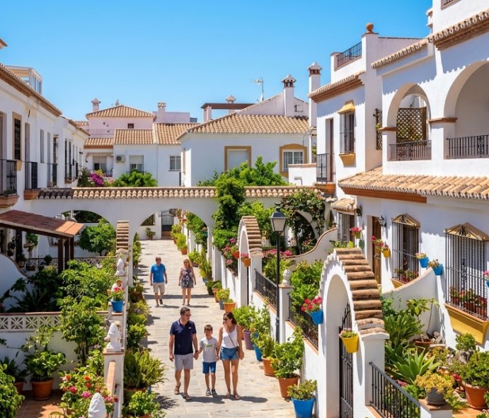 Vistas de las plazas peatonales, arcos blancos y casas adosadas de la urbanización Pueblo López en Fuengirola, Málaga